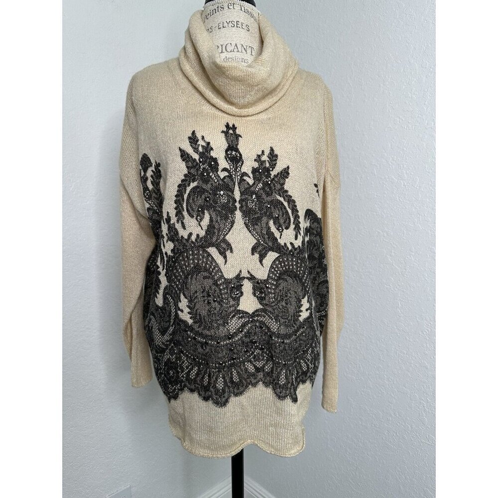 ii Sisters Cowl Neck Women's Sweater Size S/M Beige‎ Paisley Studded Pullover